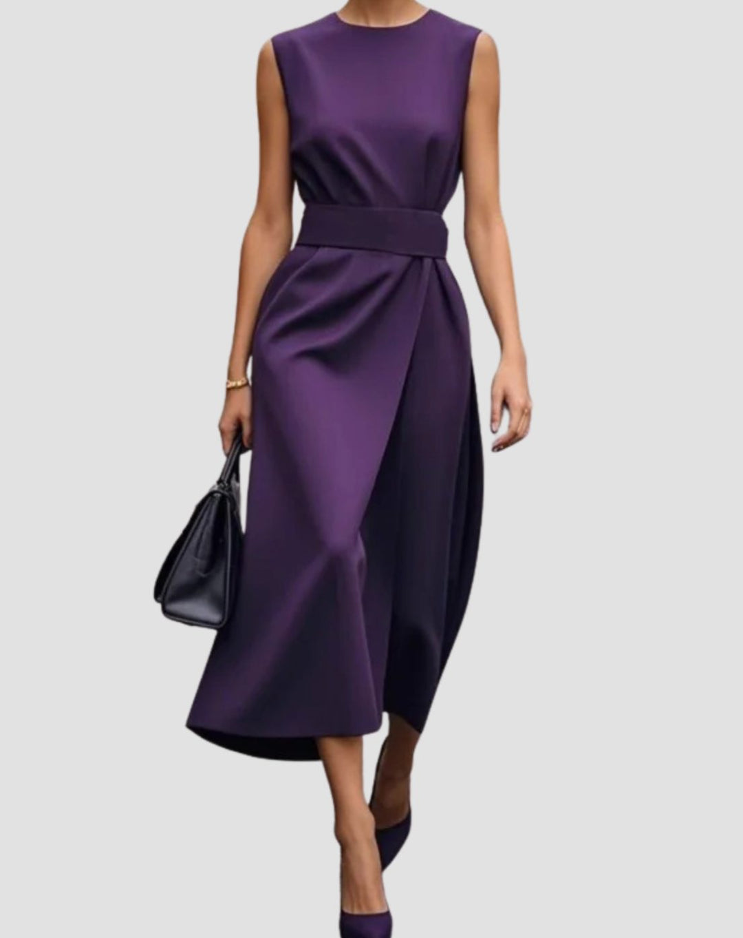 Women's Sleeveless Pleated Waist Midi Sheath Long Sleeve Dress - Purple