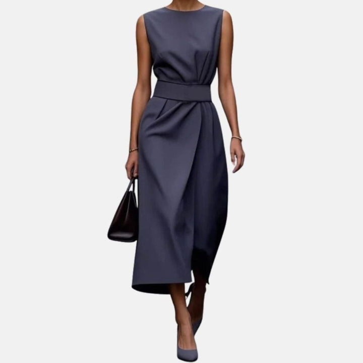 Women's Sleeveless Pleated Waist Midi Sheath Long Sleeve Dress