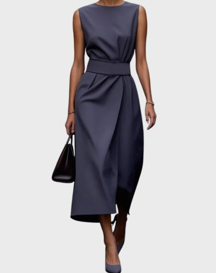 Women's Sleeveless Pleated Waist Midi Sheath Long Sleeve Dress - Navy Blue