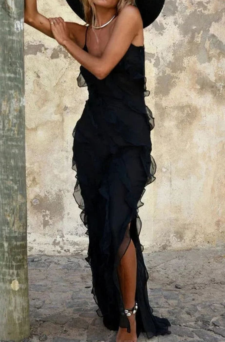 Women's Sleeveless Ruffle-Trim V-Neck Maxi Dress Slit