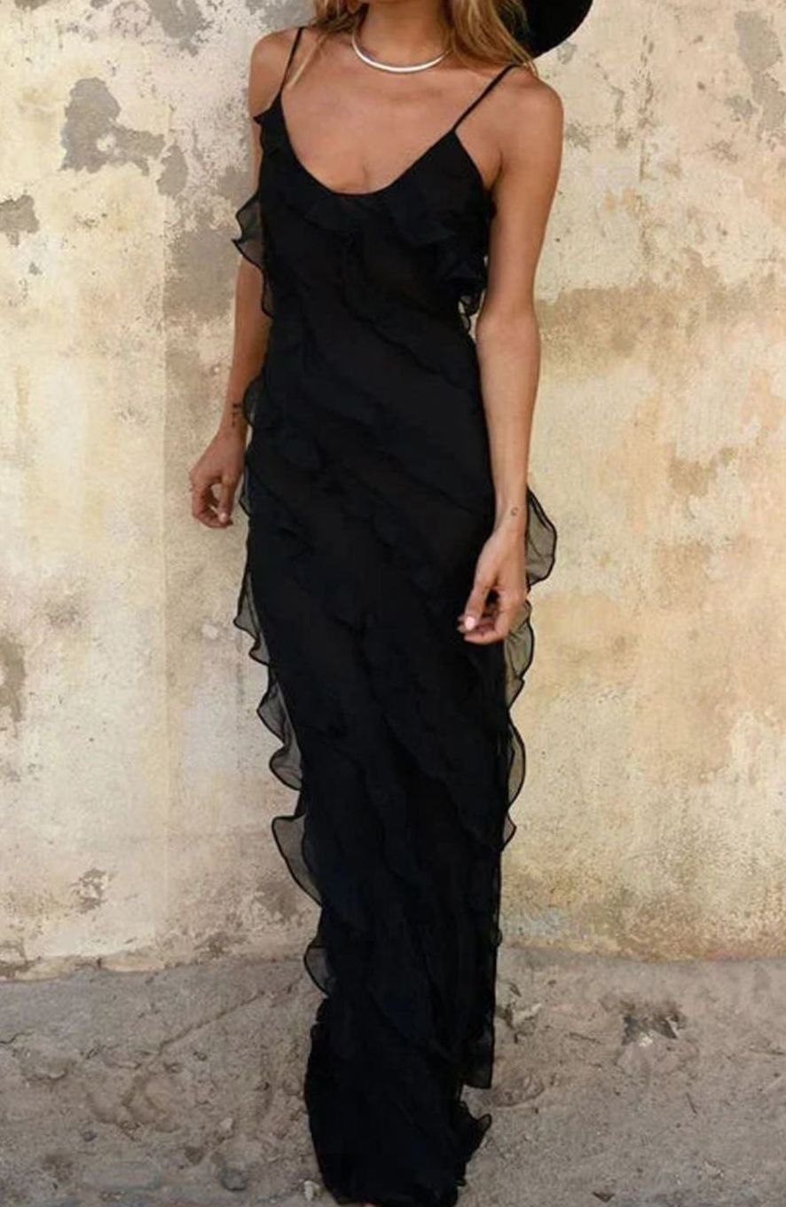 Women's Sleeveless Ruffle-Trim V-Neck Maxi Dress Slit - Black