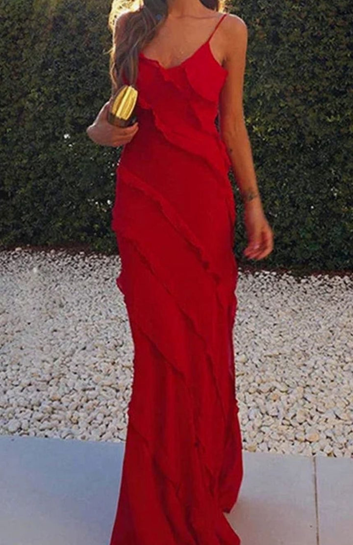 Women's Sleeveless Ruffle-Trim V-Neck Maxi Dress Slit