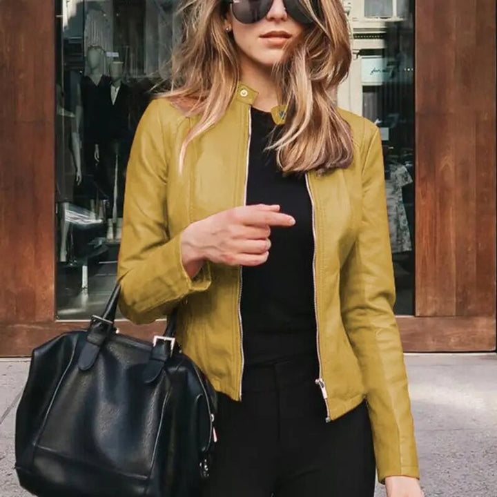 Women's Slim-Fit Zip-Up Faux Leather Jacket - Yellow