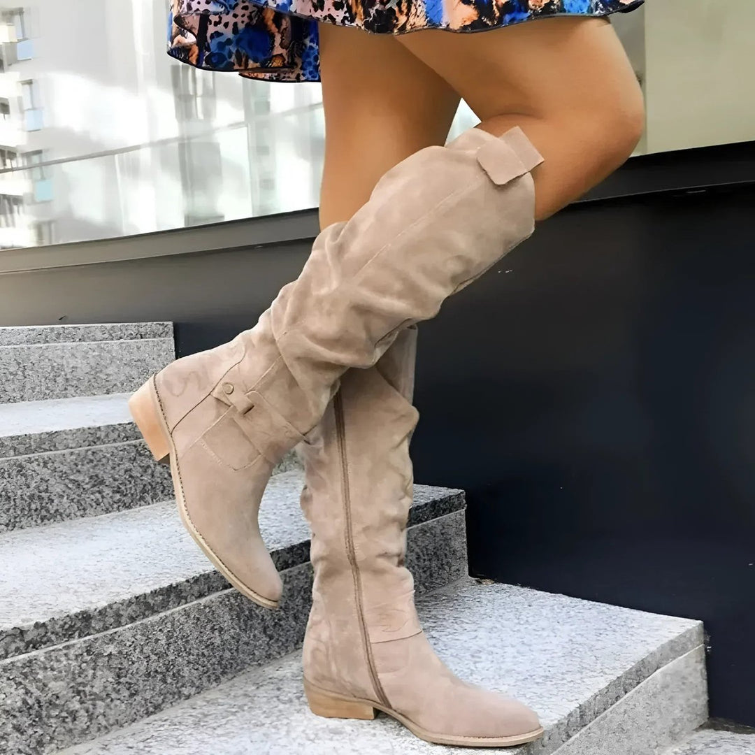 Women's Slouchy Over-the-Knee High Boots Flat Block Heel Suede - Beige