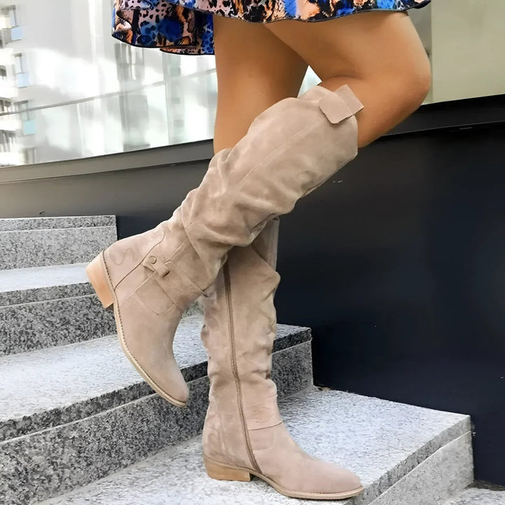 Women's Slouchy Over-the-Knee High Boots Flat Block Heel Suede - Beige
