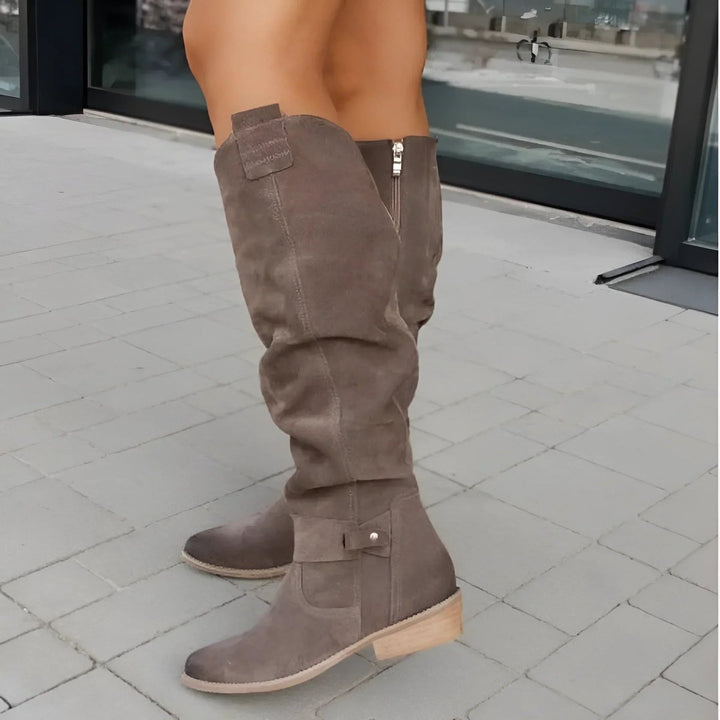 Women's Slouchy Over-the-Knee High Boots Flat Block Heel Suede - Brown