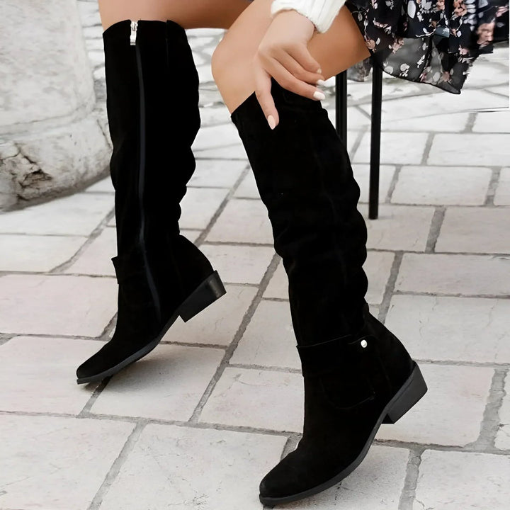 Women's Slouchy Over-the-Knee High Boots Flat Block Heel Suede - Black