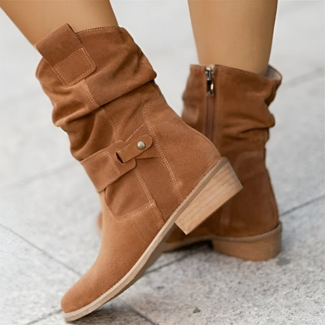 Women's Slouchy Suede Knee High Boots Block Heel Side Zip - Brown