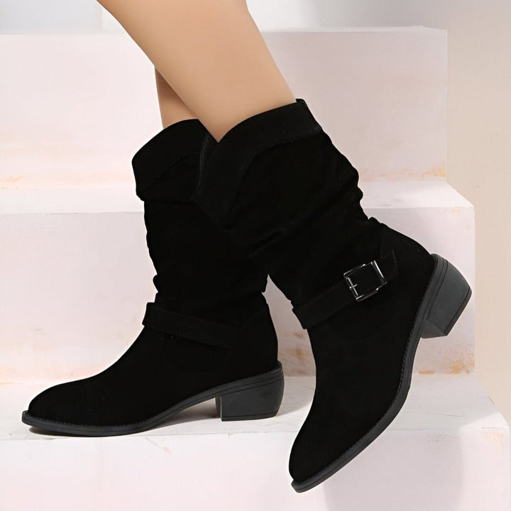 Women's Slouchy Suede Knee High Boots Block Heel Side Zip - Black
