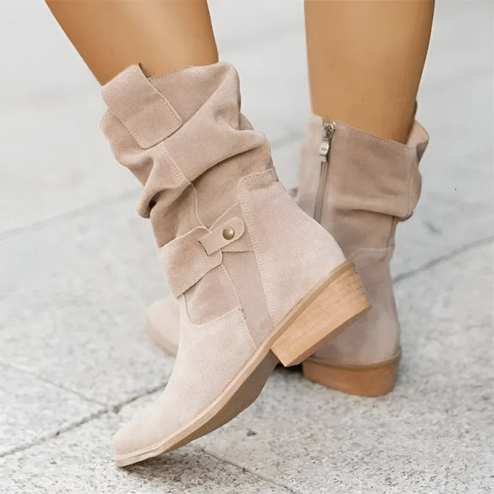 Women's Slouchy Suede Knee High Boots Block Heel Side Zip - Beige