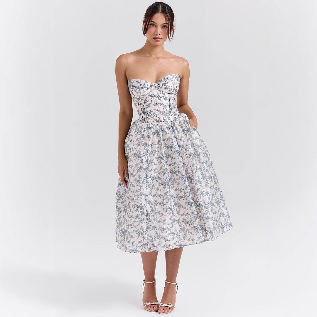 Women's Strapless Corset Bodice Pleated Satin Cocktail Dress - Rose