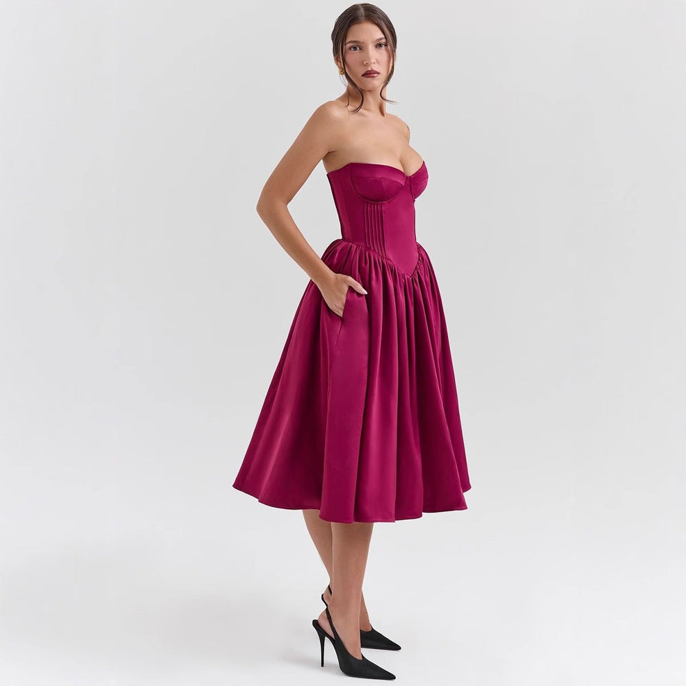 Women's Strapless Corset Bodice Pleated Satin Cocktail Dress - Magenta