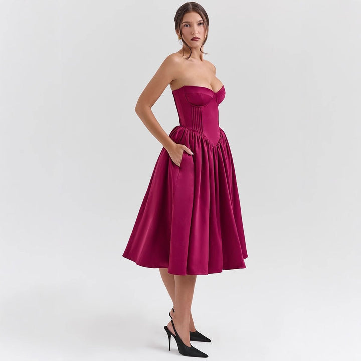 Women's Strapless Corset Bodice Pleated Satin Cocktail Dress - Magenta