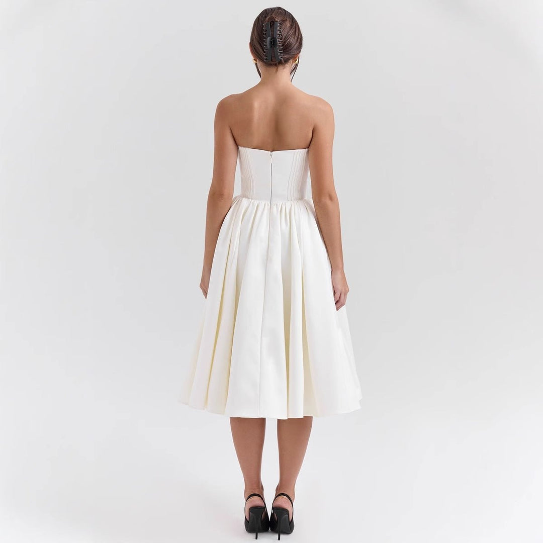 Women's Strapless Corset Bodice Pleated Satin Cocktail Dress