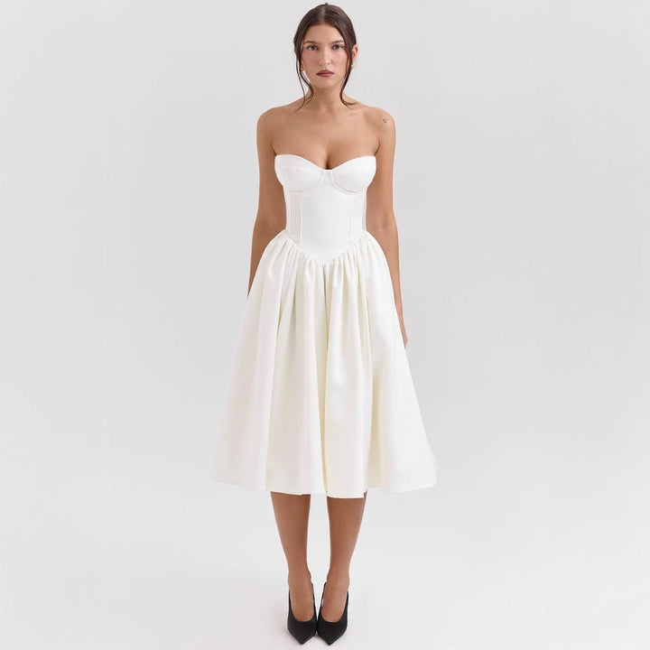 Women's Strapless Corset Bodice Pleated Satin Cocktail Dress - White