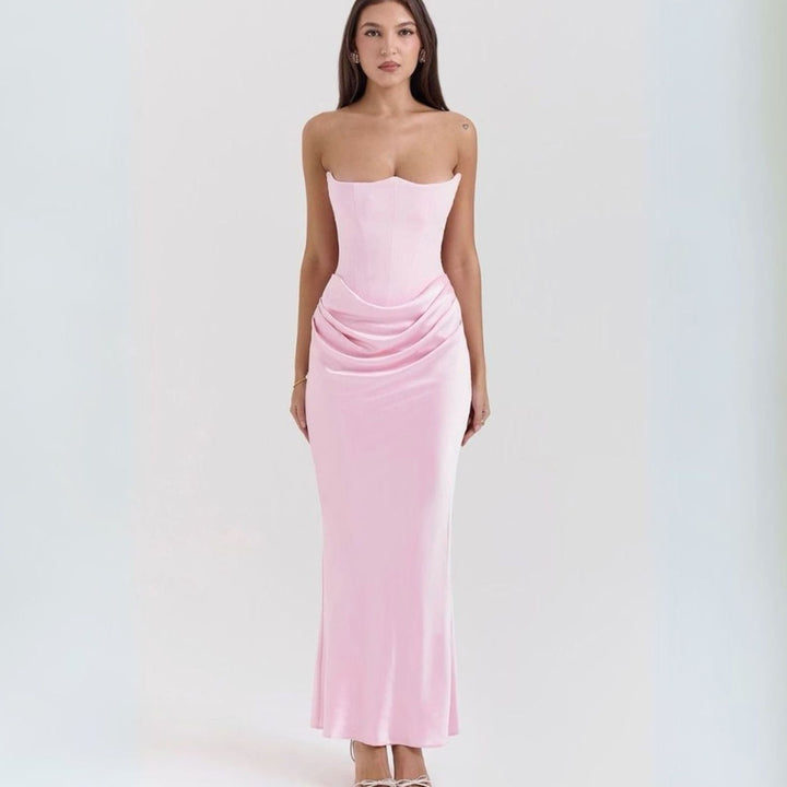 Women's Strapless Corset Draped Satin Maxi Dress