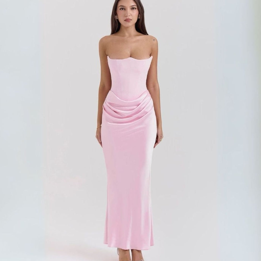 Women's Strapless Corset Draped Satin Maxi Dress - Pink