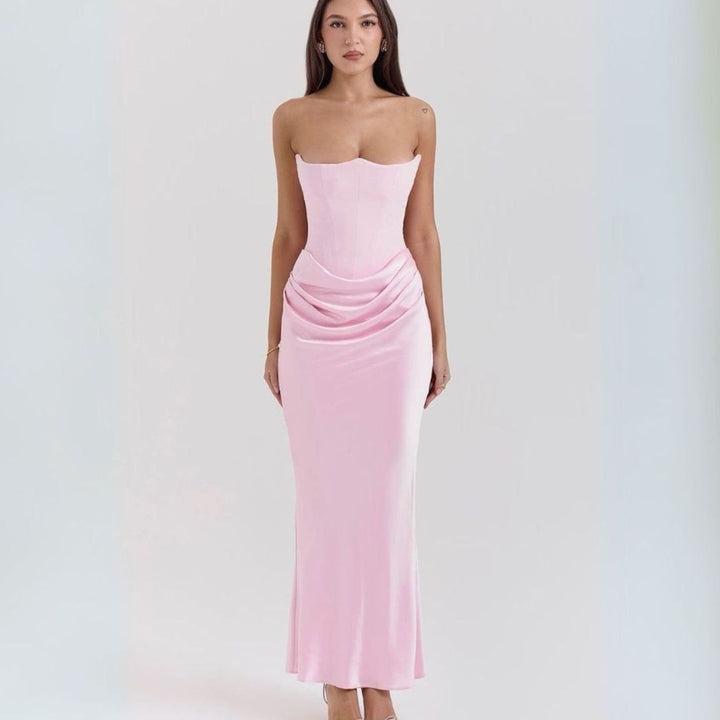 Women's Strapless Corset Draped Satin Maxi Dress - Pink