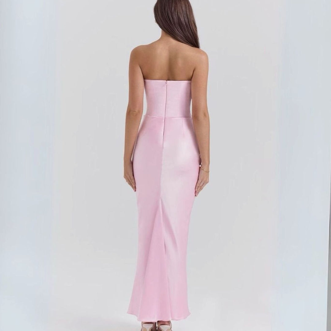 Women's Strapless Corset Draped Satin Maxi Dress