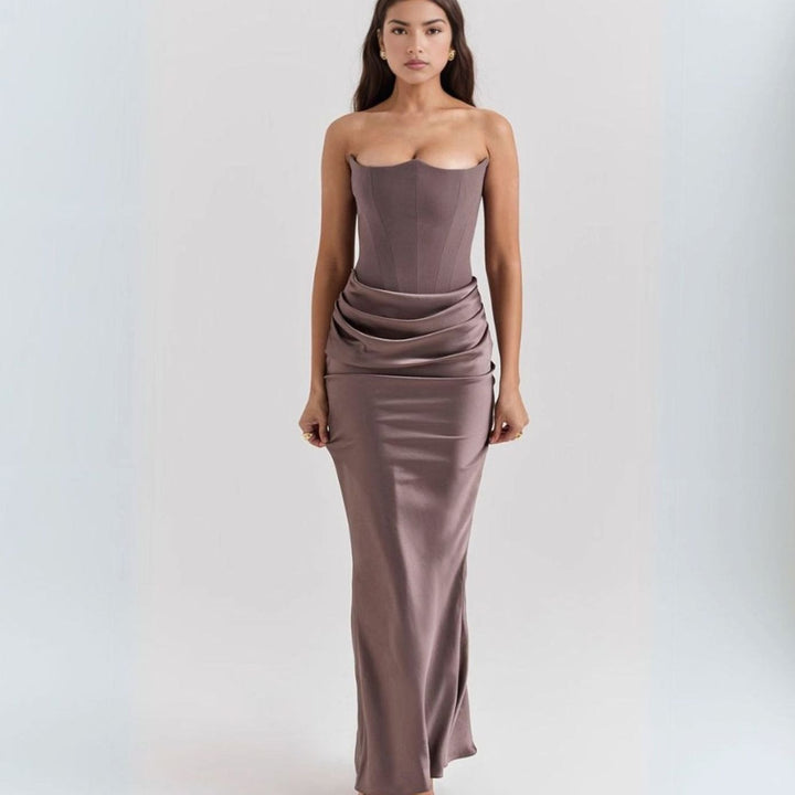 Women's Strapless Corset Draped Satin Maxi Dress - Brown