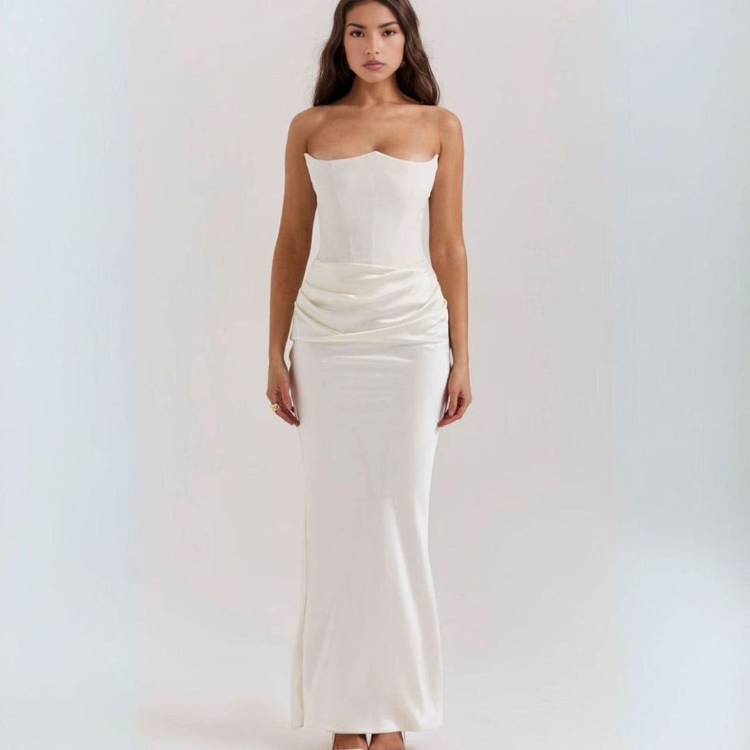 Women's Strapless Corset Draped Satin Maxi Dress - White
