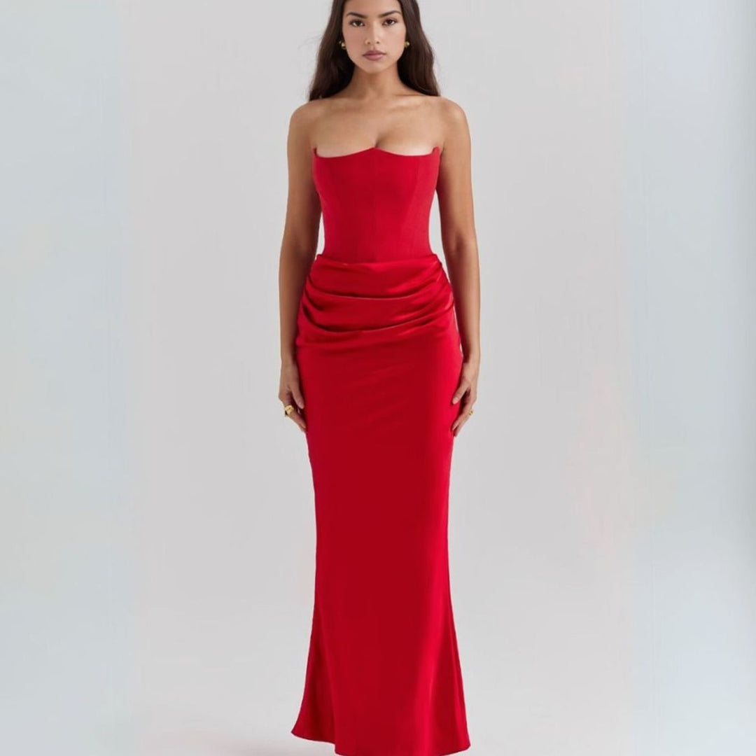 Women's Strapless Corset Draped Satin Maxi Dress - Red
