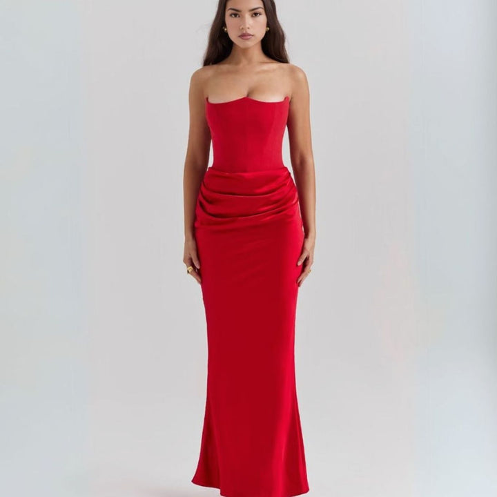 Women's Strapless Corset Draped Satin Maxi Dress - Red