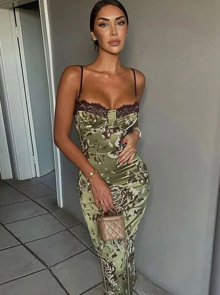 Women's Strapless Floral Satin Corset Midi Dress - Green
