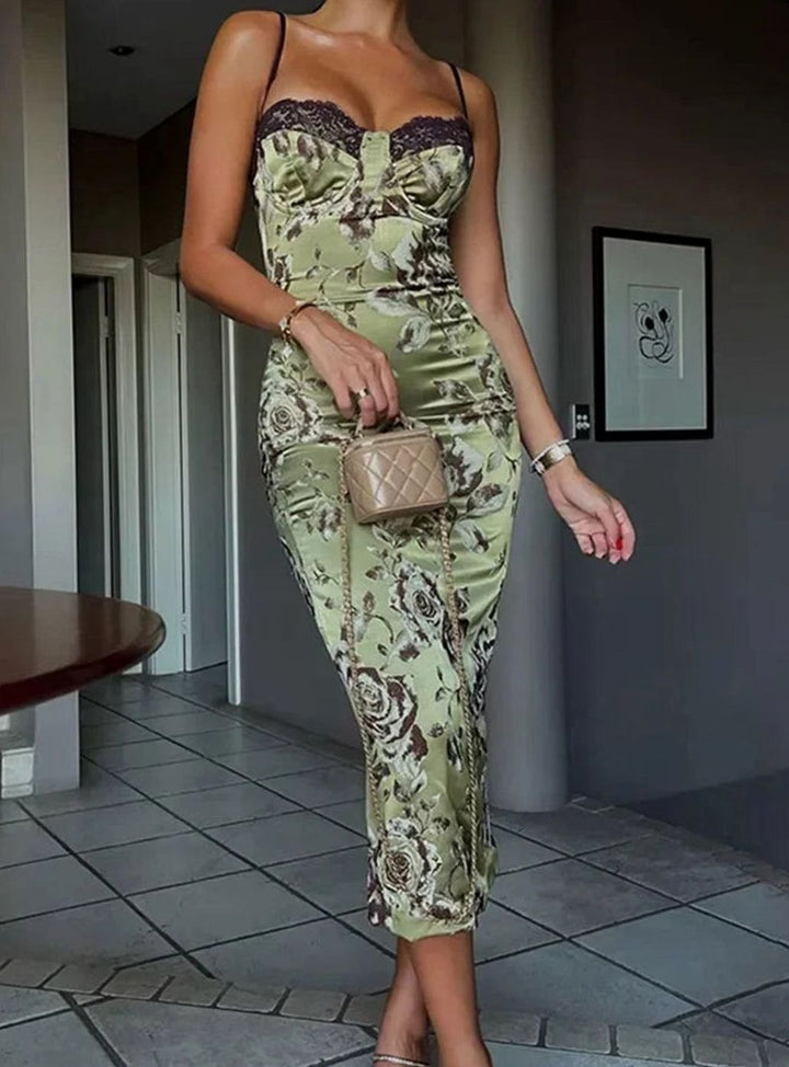 Women's Strapless Floral Satin Corset Midi Dress