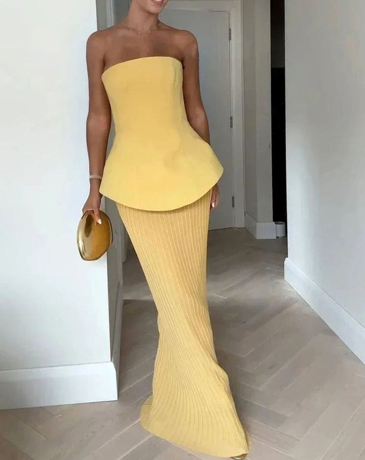 Women's Strapless Peplum Bustier Ribbed Midi Skirt Matching Set