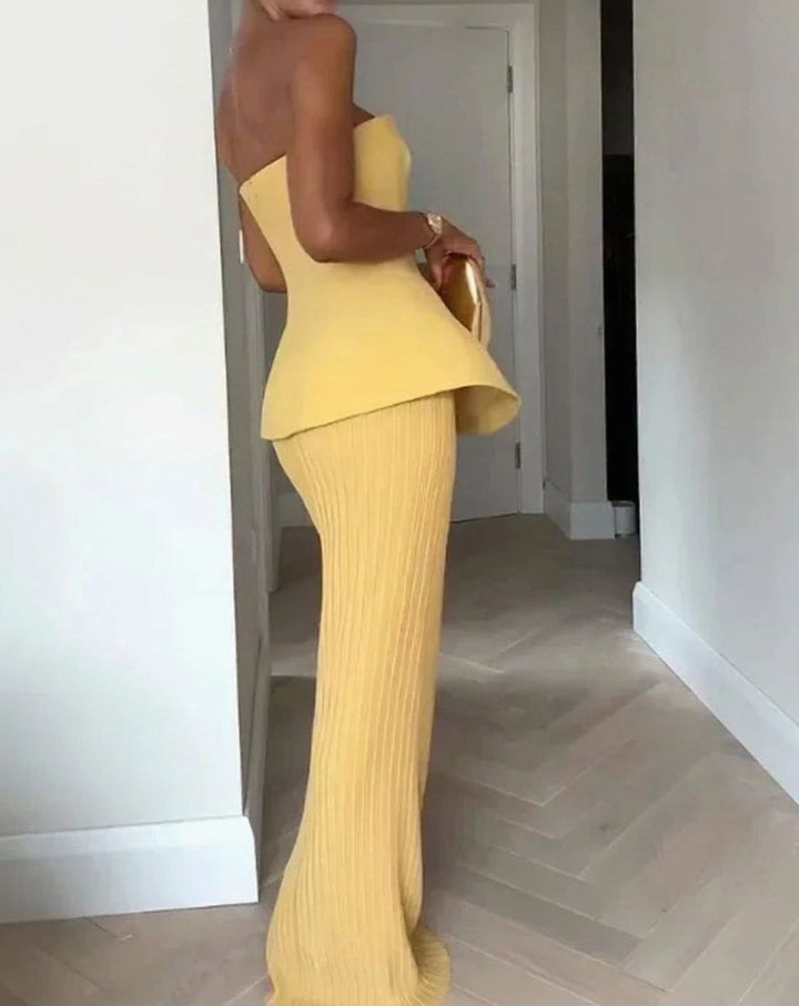 Women's Strapless Peplum Bustier Ribbed Midi Skirt Matching Set