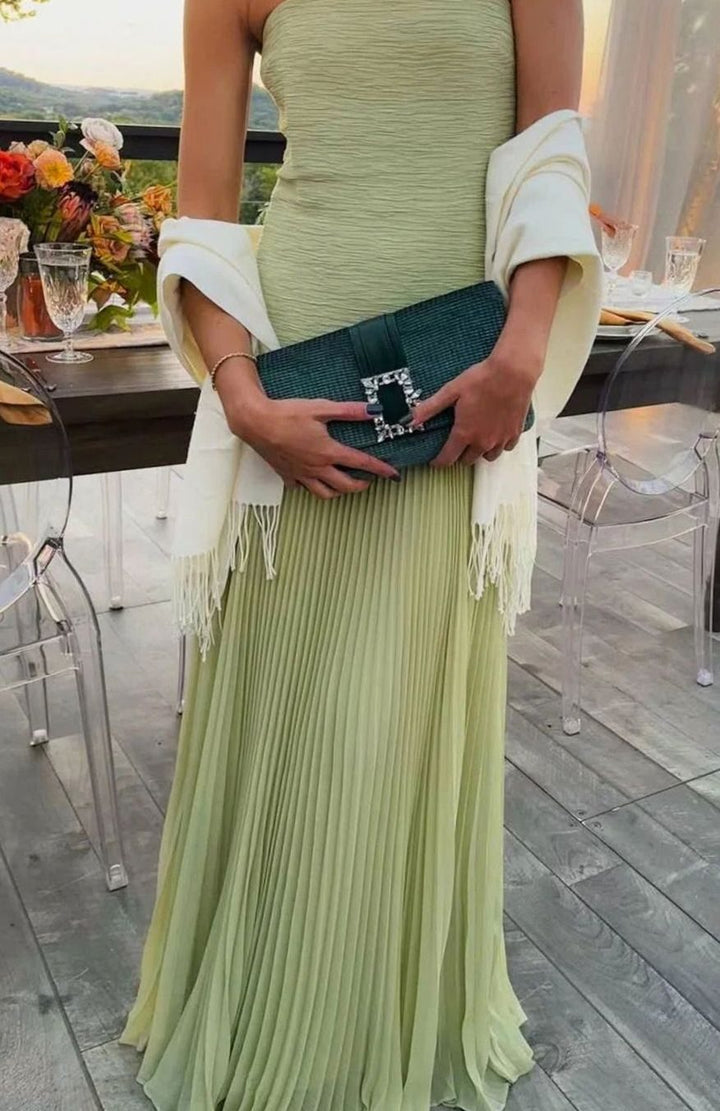 Women's Strapless Pleated Maxi Dress for Special Occasions - Green