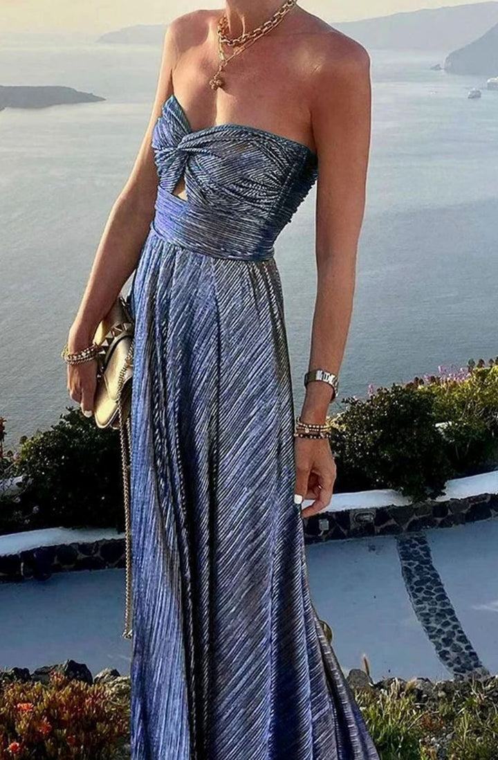 Women's Strapless Pleated Metallic Maxi Wedding Guest Dress - Blue