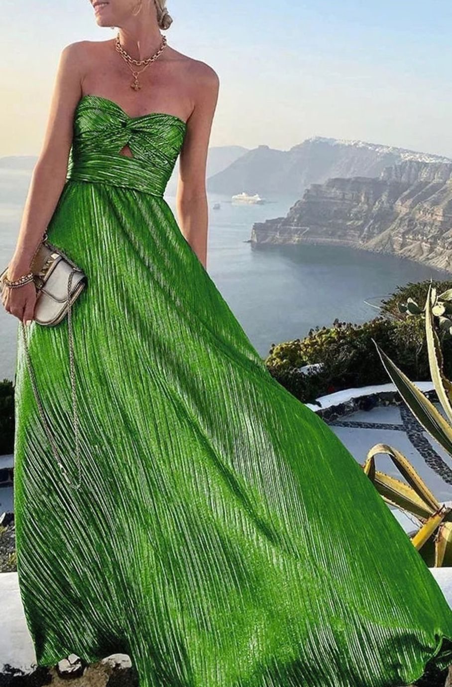 Women's Strapless Pleated Metallic Maxi Wedding Guest Dress