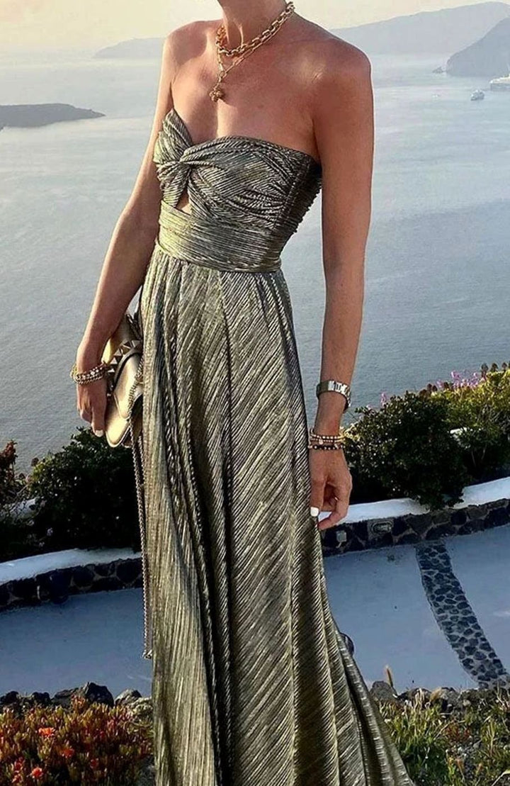 Women's Strapless Pleated Metallic Maxi Wedding Guest Dress