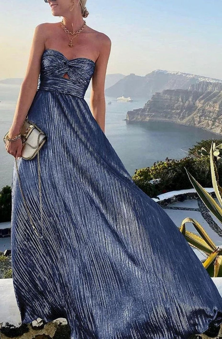 Women's Strapless Pleated Metallic Maxi Wedding Guest Dress