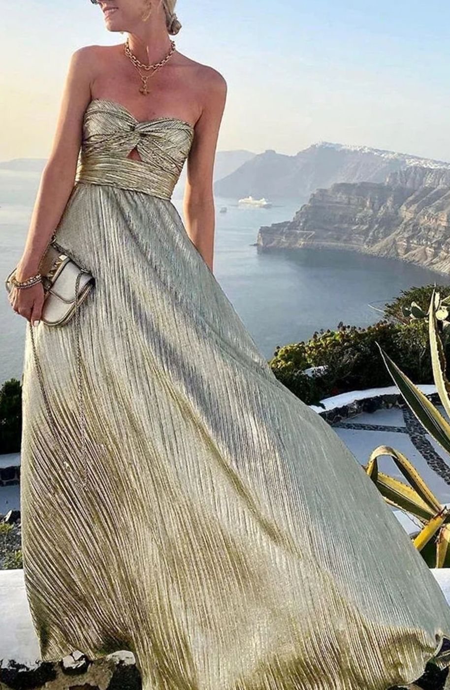 Women's Strapless Pleated Metallic Maxi Wedding Guest Dress