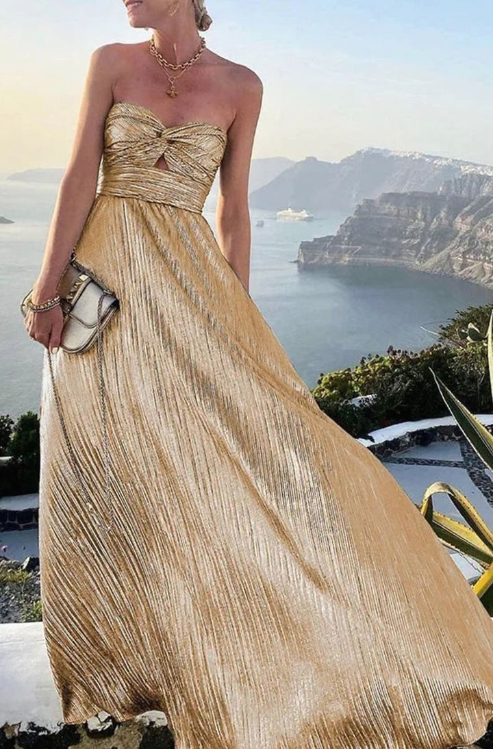 Women's Strapless Pleated Metallic Maxi Wedding Guest Dress