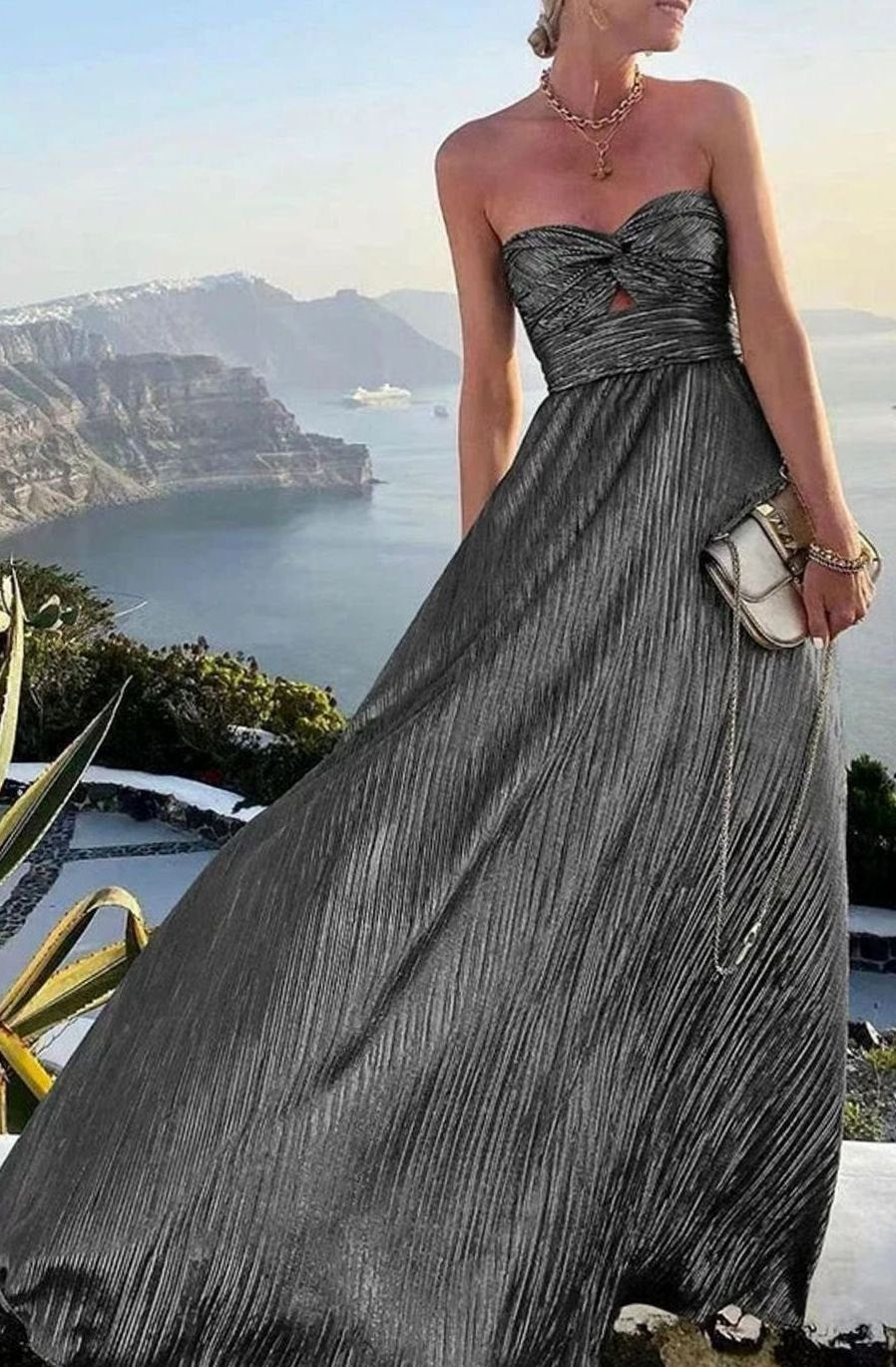 Women's Strapless Pleated Metallic Maxi Wedding Guest Dress