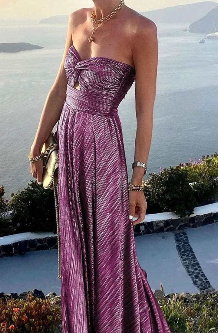 Women's Strapless Pleated Metallic Maxi Wedding Guest Dress - Purple