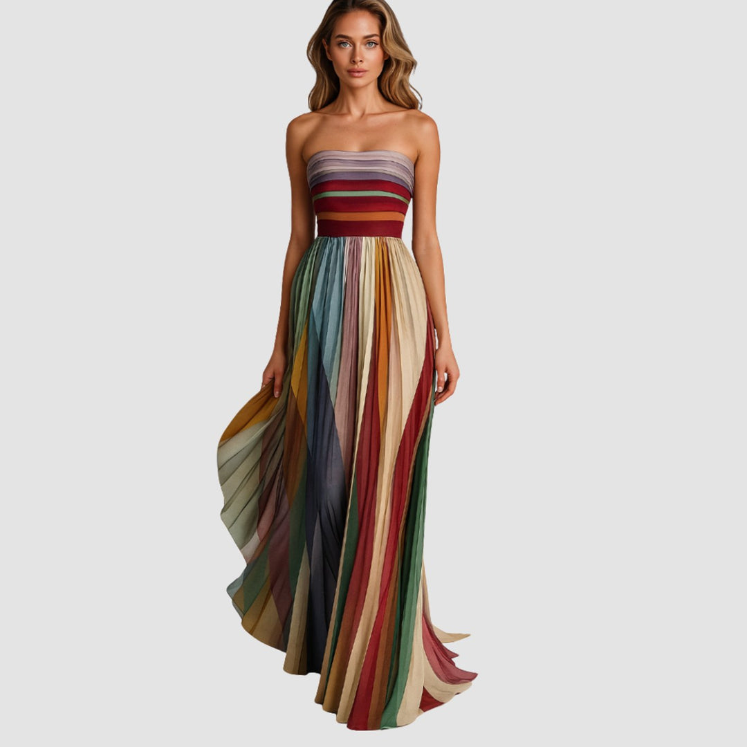 Women's Strapless Pleated Multicolour Striped Maxi Long Dress