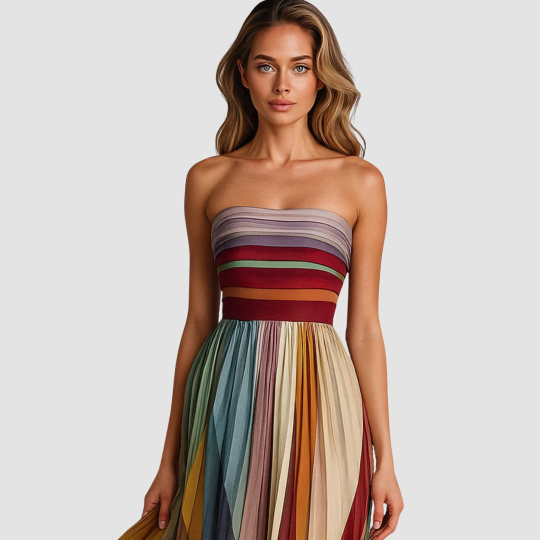 Women's Strapless Pleated Multicolour Striped Maxi Long Dress