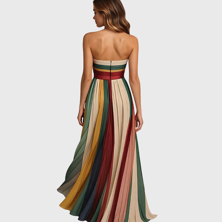 Women's Strapless Pleated Multicolour Striped Maxi Long Dress