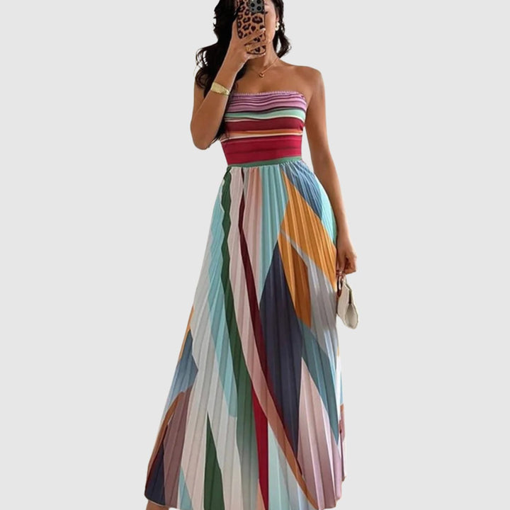 Women's Strapless Pleated Multicolour Striped Maxi Long Dress
