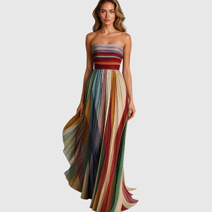 Women's Strapless Pleated Multicolour Striped Maxi Long Dress