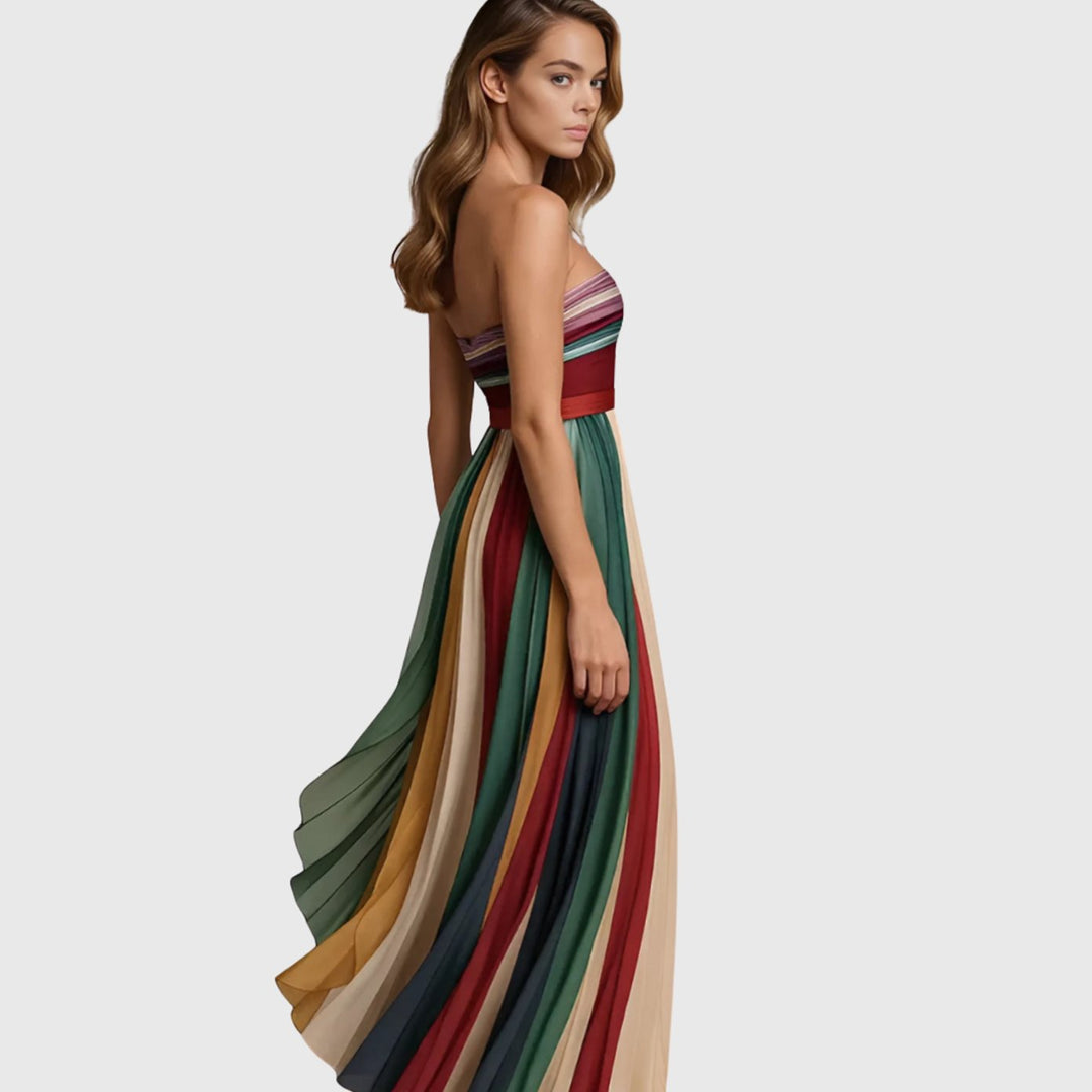 Women's Strapless Pleated Multicolour Striped Maxi Long Dress