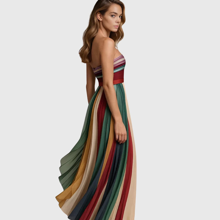 Women's Strapless Pleated Multicolour Striped Maxi Long Dress