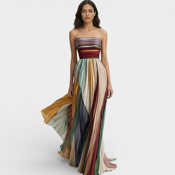 Women's Strapless Pleated Ruched Multicolour Maxi Dress - Multicolour