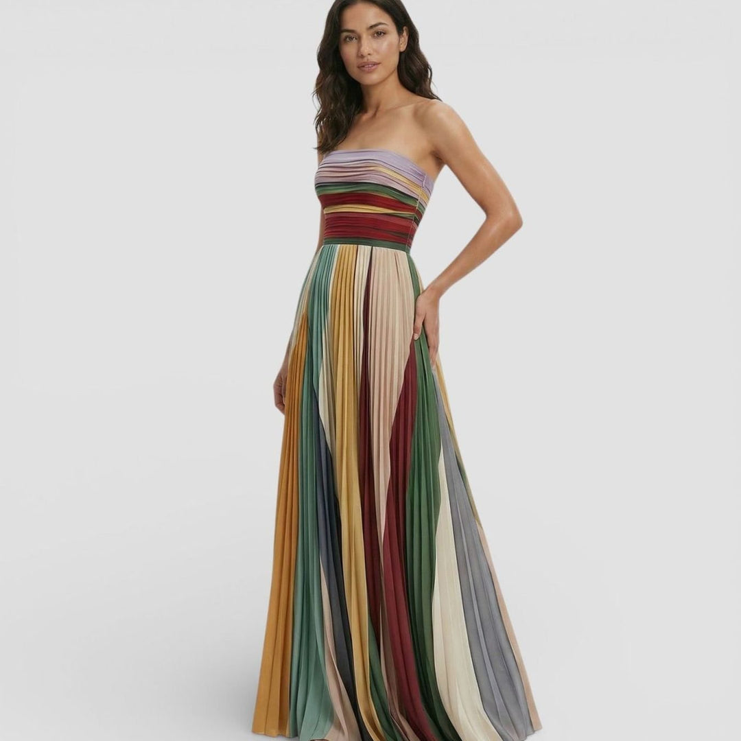 Women's Strapless Pleated Ruched Multicolour Maxi Dress