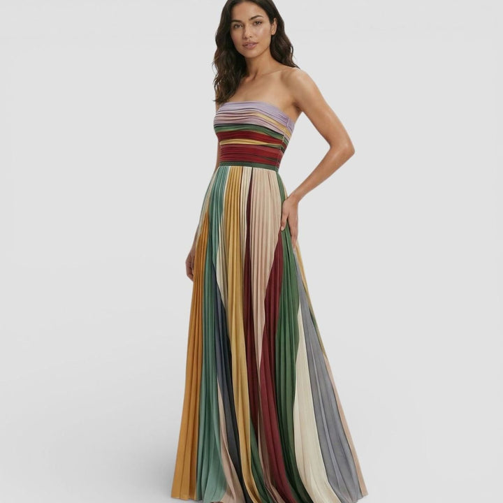 Women's Strapless Pleated Ruched Multicolour Maxi Dress